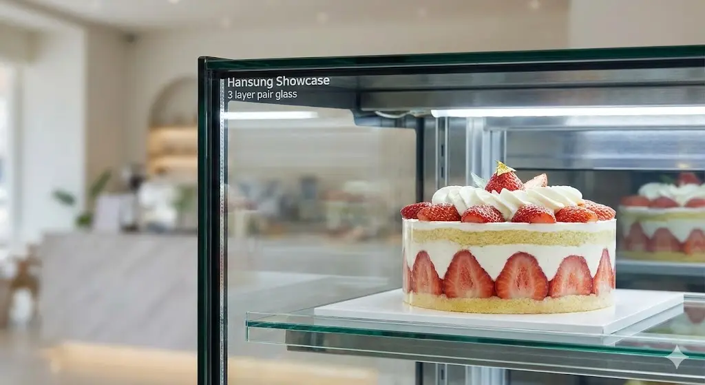 한성 3중 페어 유리 쇼케이스 안에 신선하게 보관된 딸기 케이크 사진