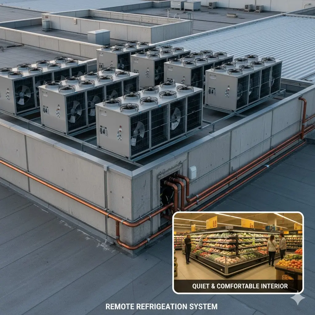 건물 외부에 전문적으로 설치된 대형 상업용 쇼케이스 실외기(외치형) 유닛 전경