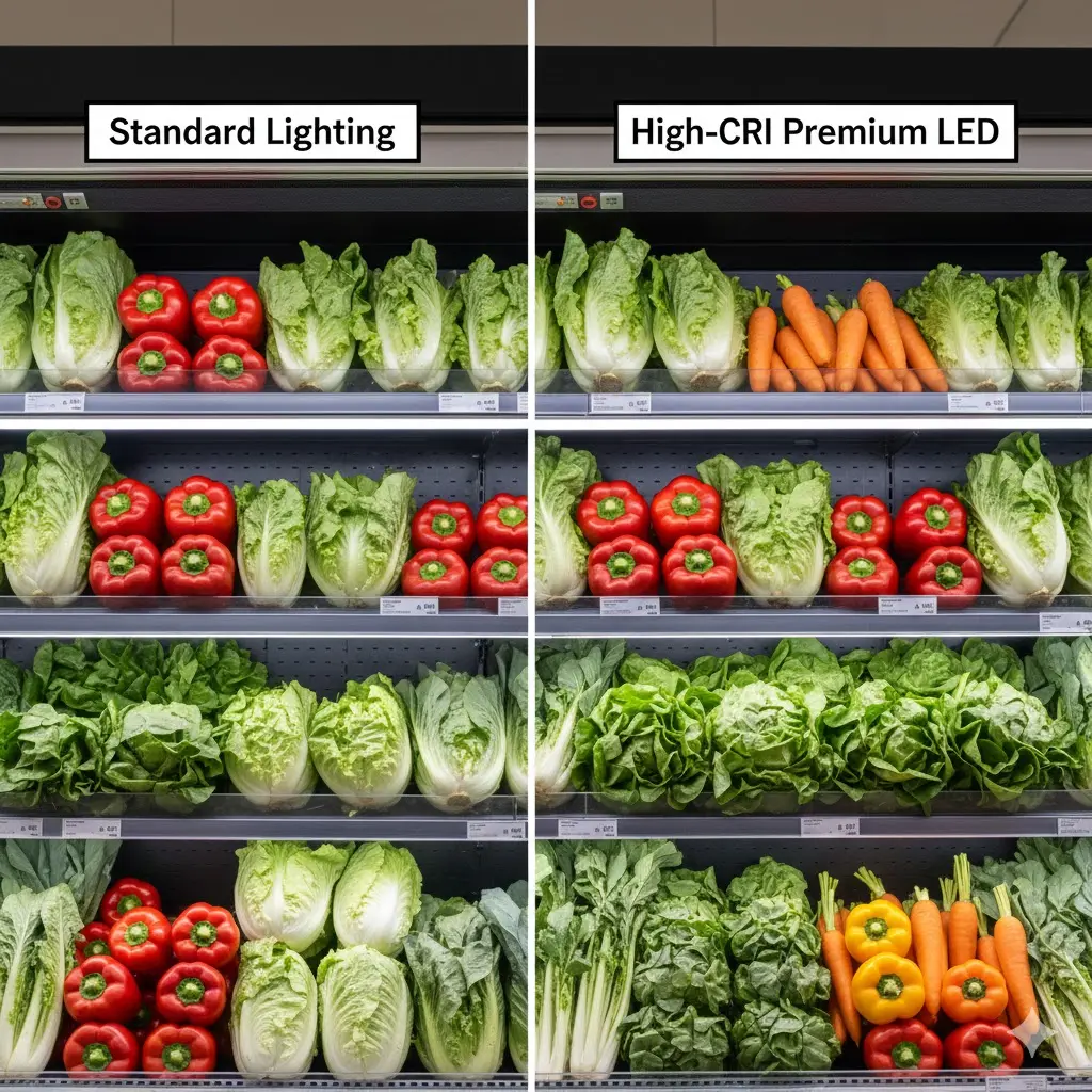 쇼케이스 내부 일반 조명과 고연색 프리미엄 LED 조명 아래의 채소 신선도 비교 사진