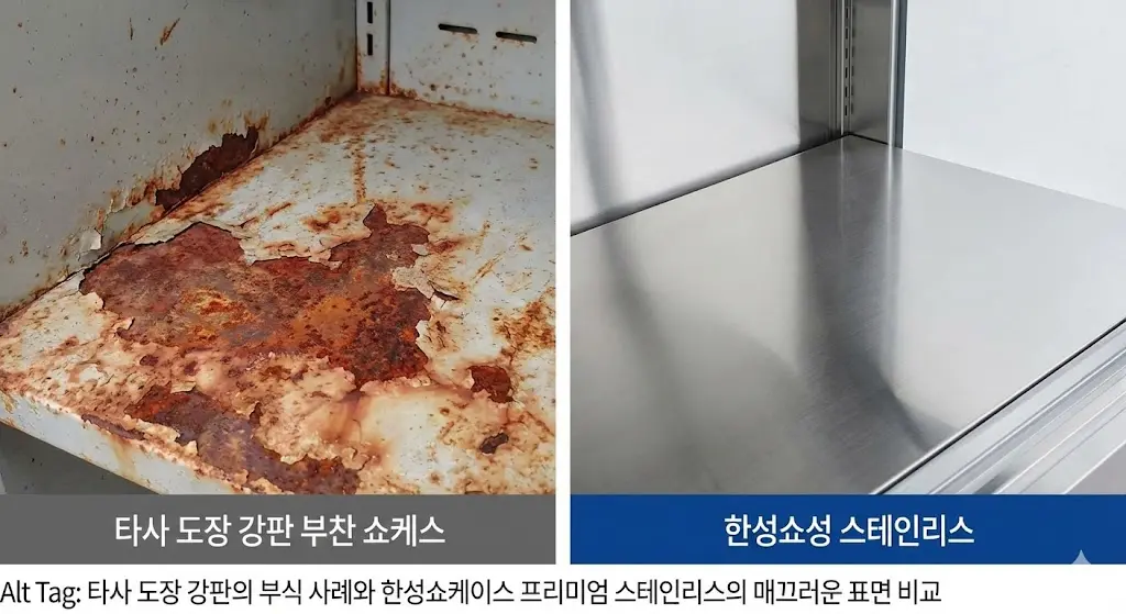 타사 도장 강판의 부식 사례와 한성쇼케이스 프리미엄 스테인리스의 매끄러운 표면 비교