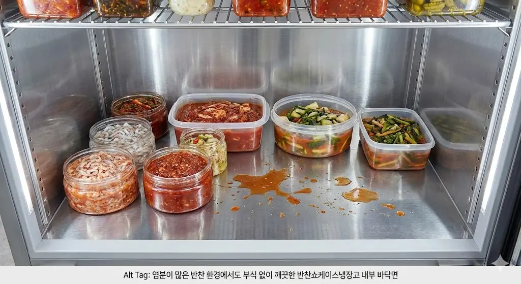 염분이 많은 반찬 환경에서도 부식 없이 깨끗한 반찬쇼케이스냉장고 내부 바닥면