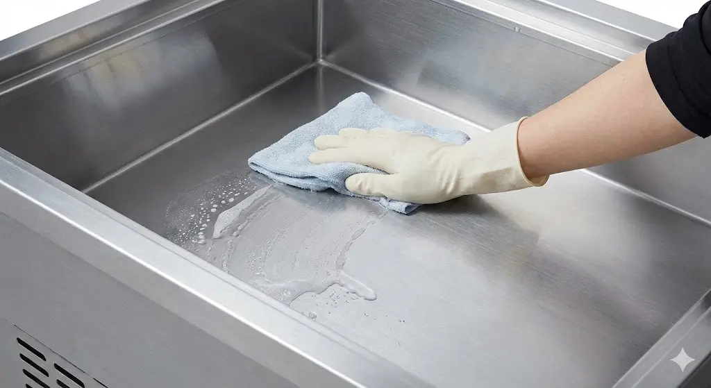 물세척이 용이하고 오염에 강한 스테인리스 소재의 반찬쇼케이스냉장고 청소 모습