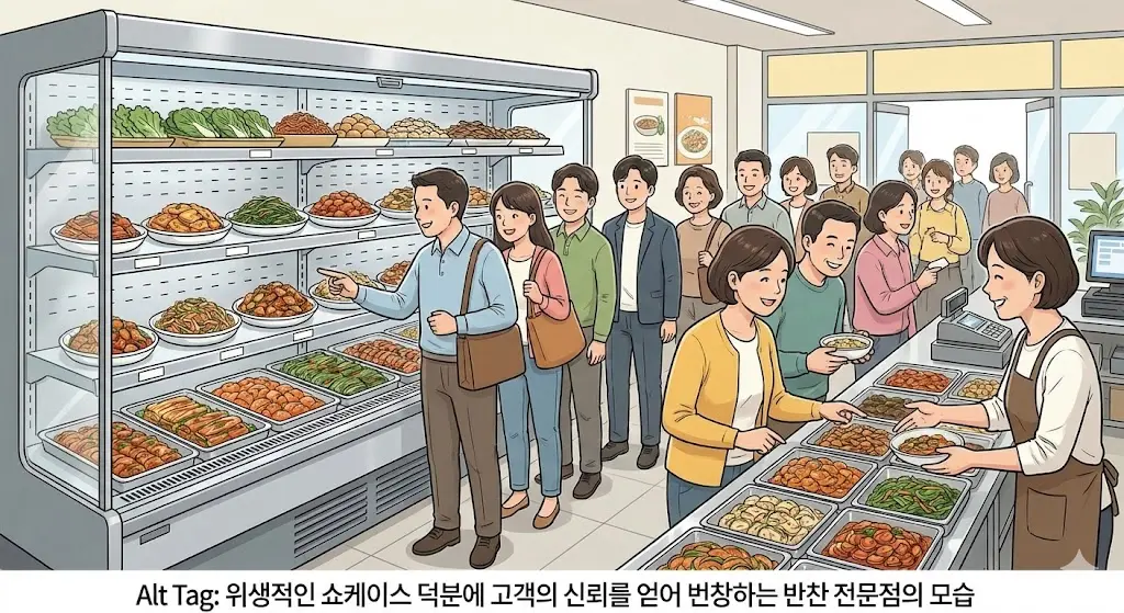 위생적인 쇼케이스 덕분에 고객의 신뢰를 얻어 번창하는 반찬 전문점의 모습