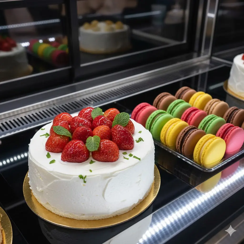 고연색 프리미엄 LED 조명 아래에서 생생한 색감과 질감이 강조된 딸기 케이크와 마카롱 진열 모습
