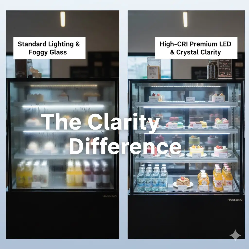 습기로 뿌옇게 변한 일반 쇼케이스 유리와 3중 열선 유리로 투명함을 유지하는 한성쇼케이스의 시인성 비교 사진