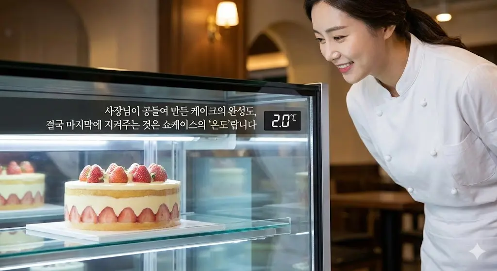 투명한 쇼케이스 속 케이크를 바라보며 미소 짓는 셰프.