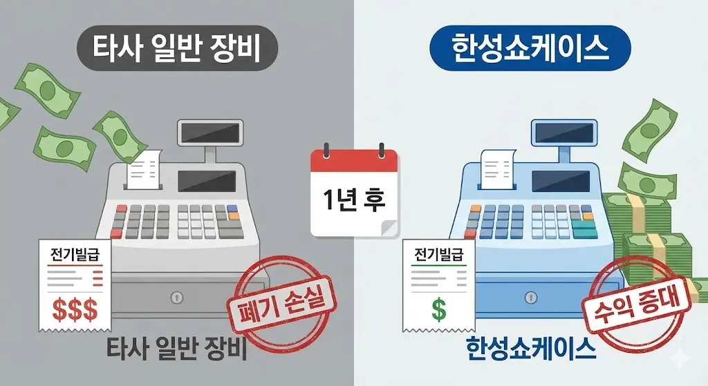 타사 일반 장비 사용 시 높은 전기료와 폐기 손실로 인한 비용 발생과 한성쇼케이스 사용 시 전기료 절감 및 수익 증대 효과를 비교한 인포그래픽.