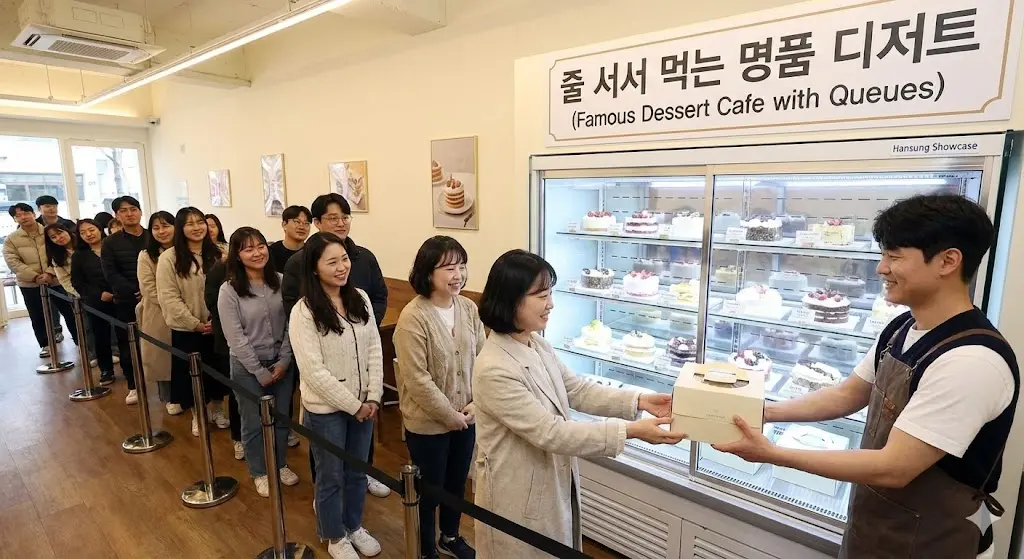 한성쇼케이스를 사용하며 성공적으로 운영되는 번창하는 디저트 카페의 전경과 만족하는 고객, 사장님의 모습.