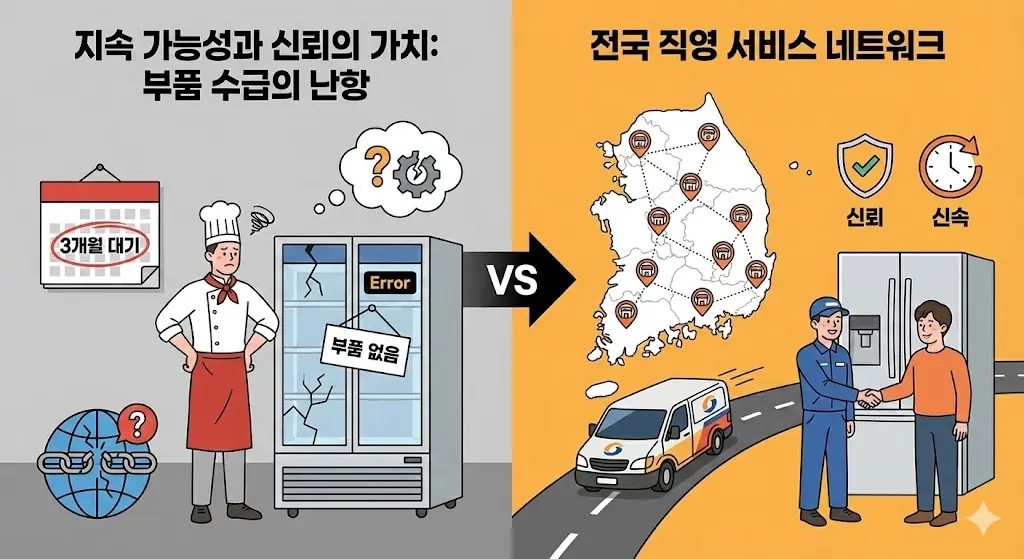  부품 수급이 어려운 타사 장비와 대비되는 한성쇼케이스의 정밀 정온 기술 및 전국 직영 서비스 네트워크의 신뢰 가치를 시각화한 이미지
