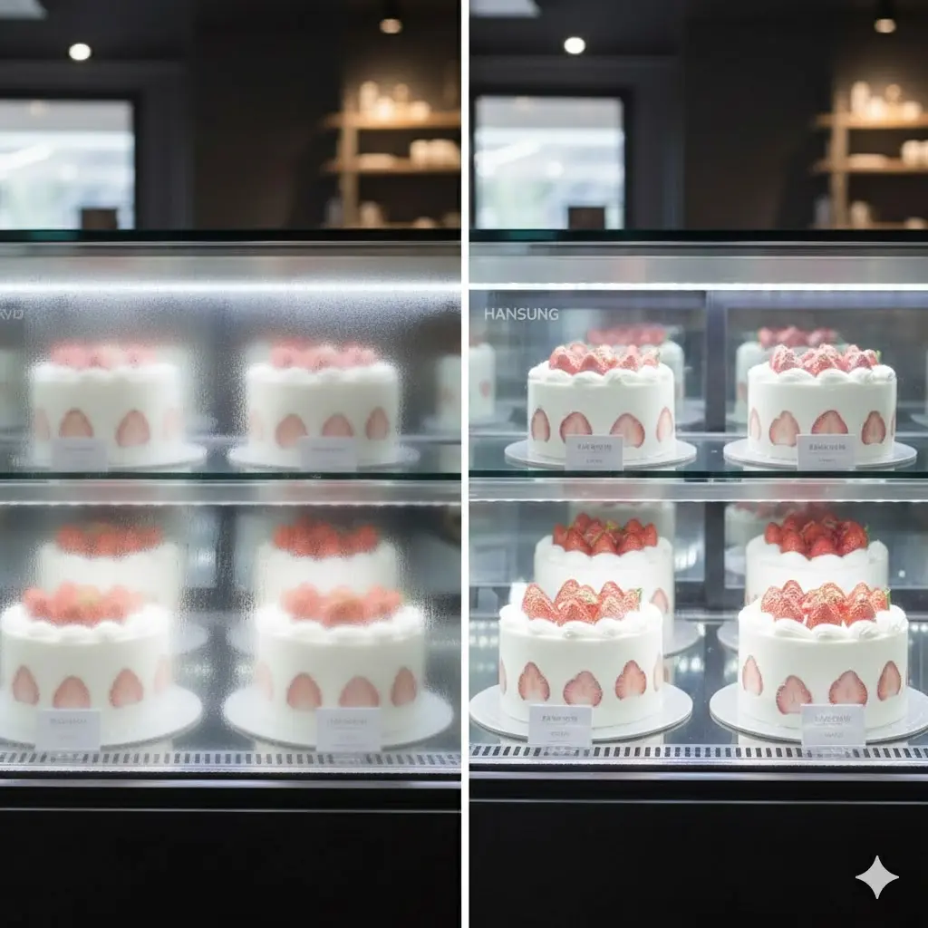 습기로 뿌옇게 김이 서린 일반 케익쇼케이스와 한성쇼케이스의 3중 열선 유리로 결로 없이 투명한 케익쇼케이스의 선명도 비교