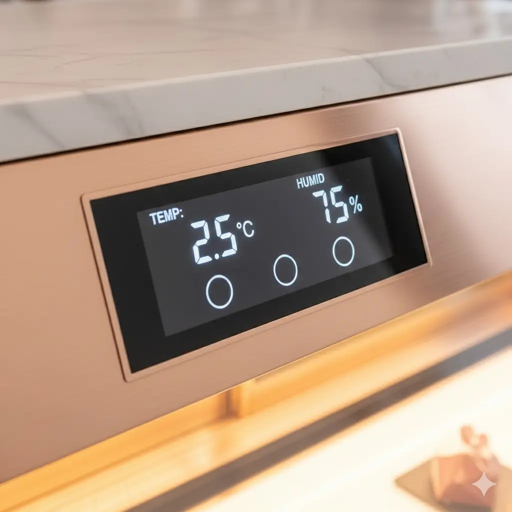 한성쇼케이스의 디지털 컨트롤 패널에 표시된 케이크 보관에 최적화된 정밀한 온도 및 습도 설정값
