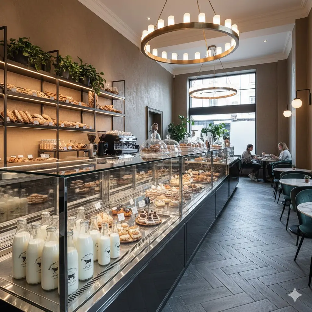고급 베이커리 인테리어와 조화된 프리미엄 빵쇼케이스 전경