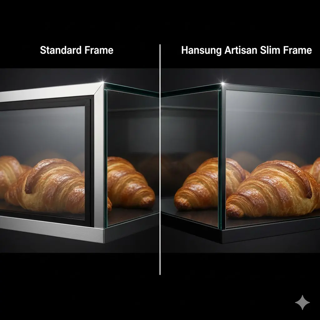 베이커리 쇼케이스의 두꺼운 일반 프레임과 한성쇼케이스의 초슬림 프레임 마감 기술을 비교한 인포그래픽 이미지. 시각적 개방감과 고급스러운 마감 차이를 강조함.
