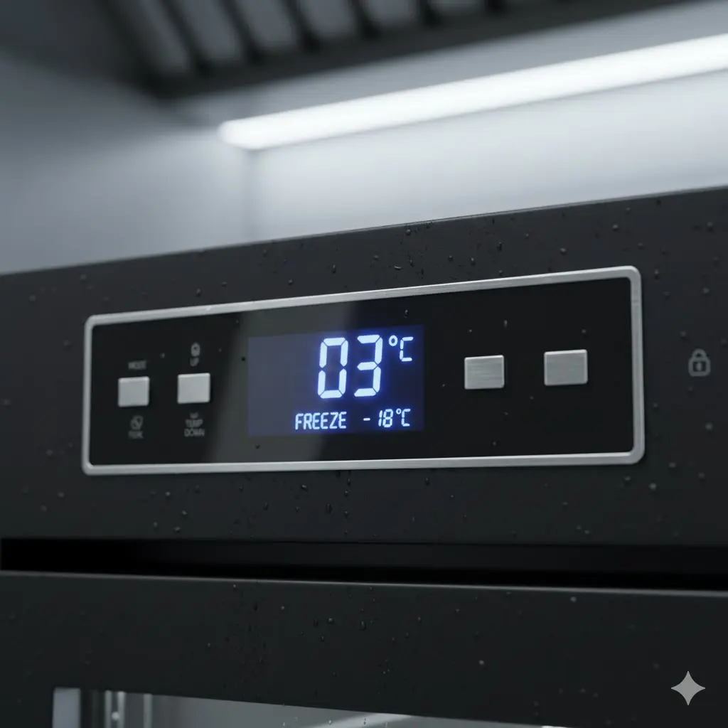 하이엔드 냉장고의 정밀 디지털 온도 조절기 디스플레이 상세 컷