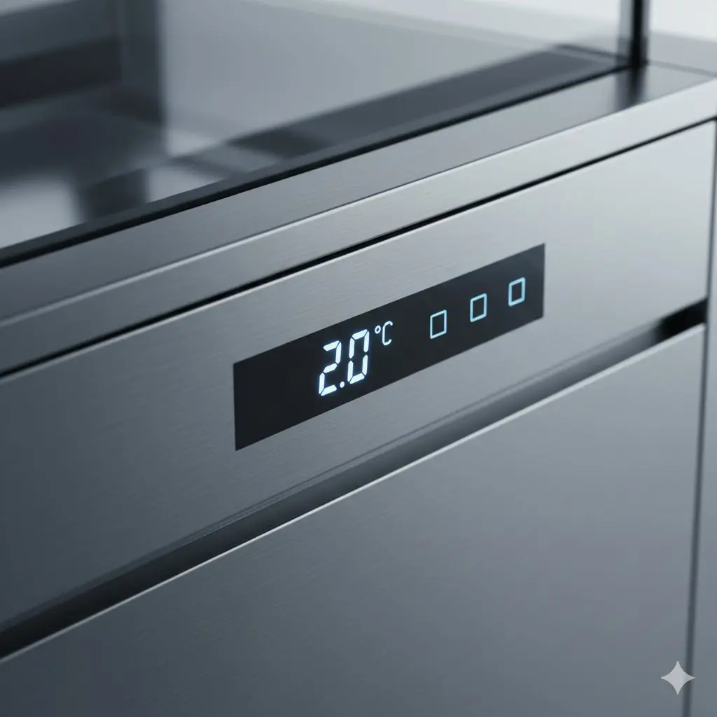 하이엔드 냉장고의 미니멀한 디지털 온도 제어 장치 디스플레이