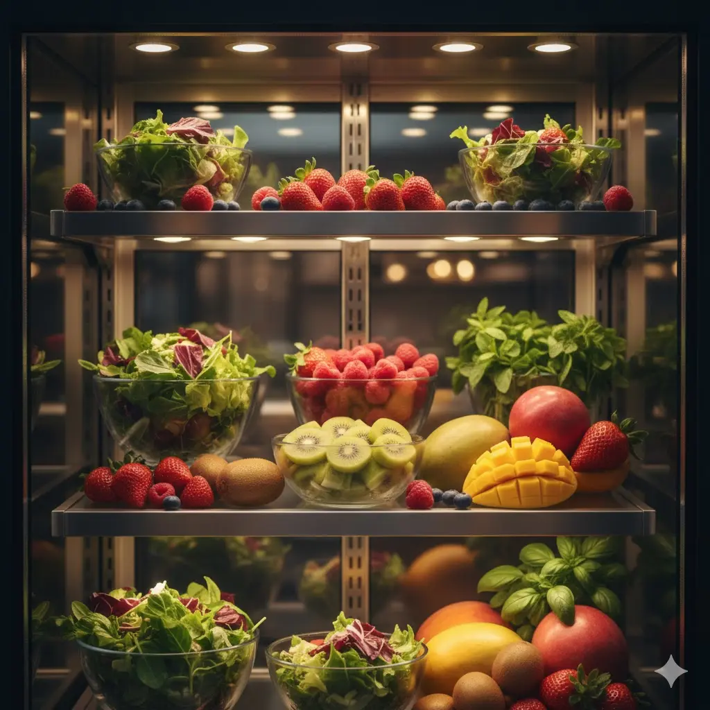 신선한 식재료가 진열된 하이엔드 냉장고쇼케이스 내부 상세