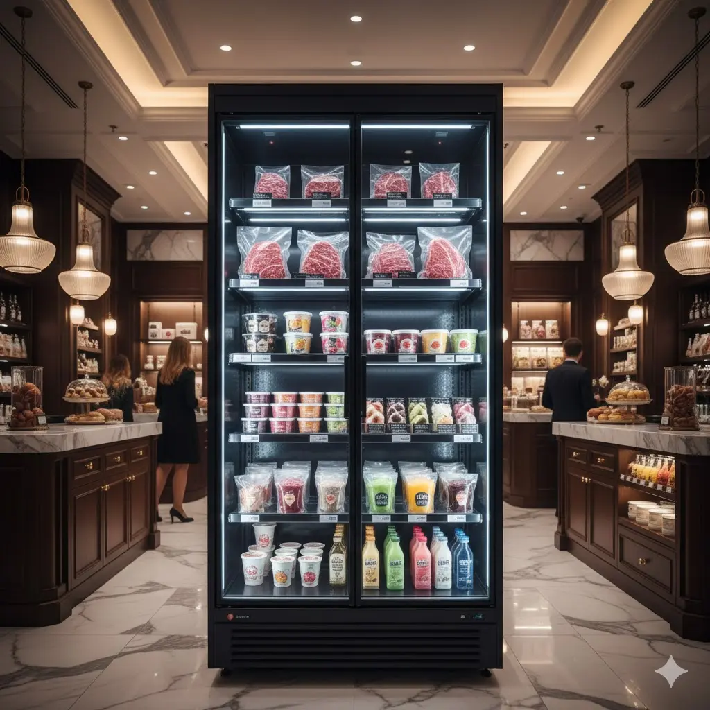 대형 유리 도어가 적용된 모던한 디자인의 업소용 냉동 쇼케이스 전경