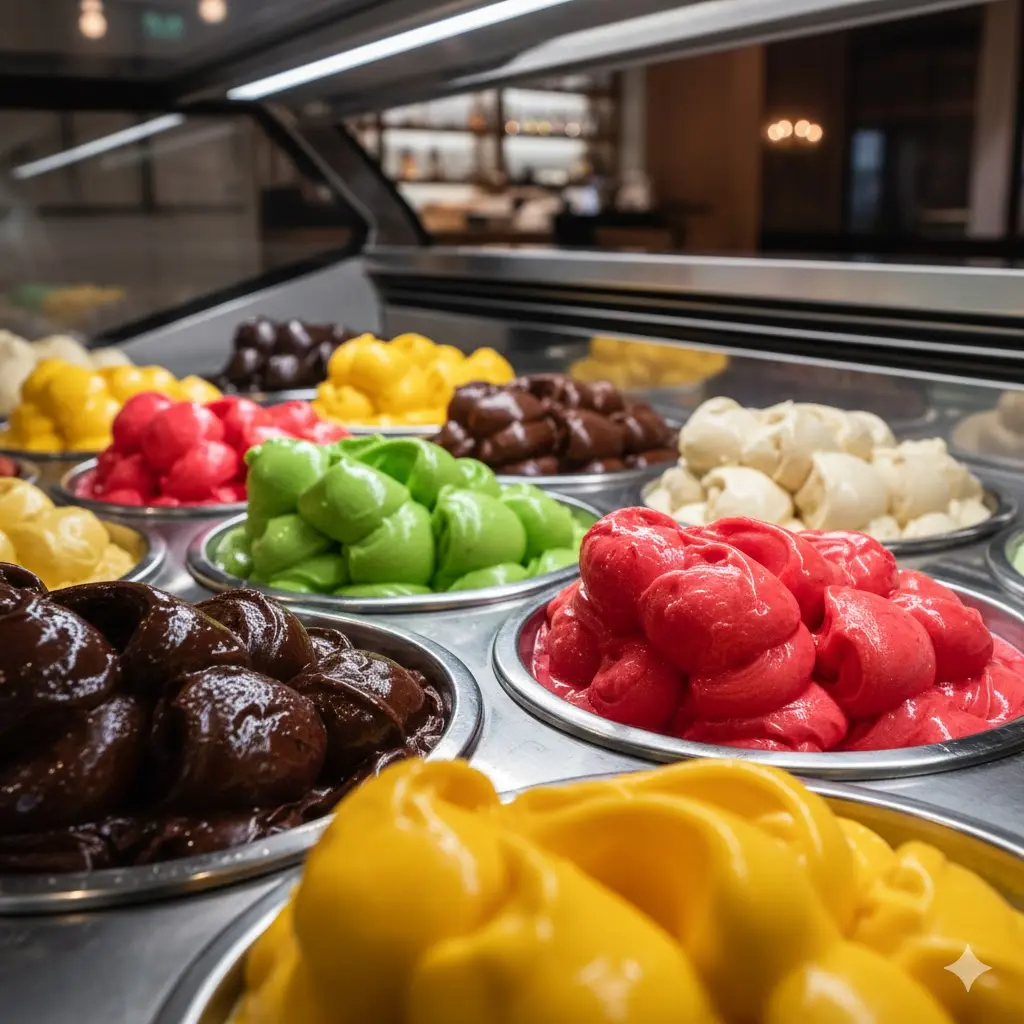 화려한 색감의 냉동 디저트가 진열된 하이엔드 냉동고 내부 상세