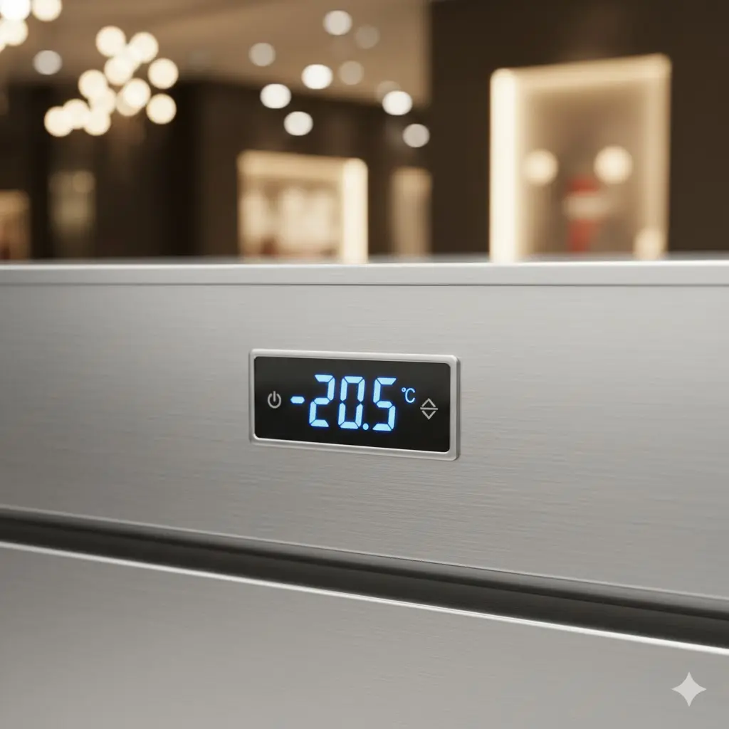 현재 온도를 표시하는 블루 LED 디스플레이와 고급 마감재 디테일