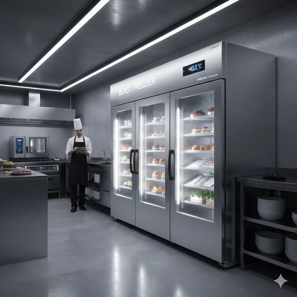 고급 주방에 배치된 대형 스테인리스 급속냉동고 전면