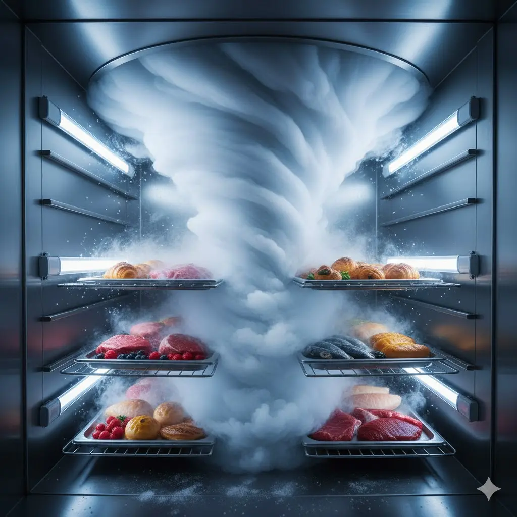 급속냉동고 내부에서 냉기가 swirling 하는 모습과 식재료