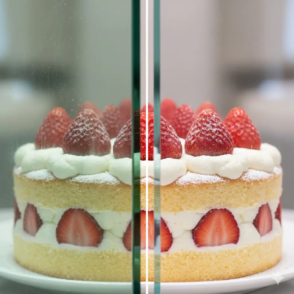 일반 유리의 녹색조 및 결로 현상과 한성의 저철분 초투명 유리의 깨끗한 시인성을 한눈에 보여주는 비교 이미지