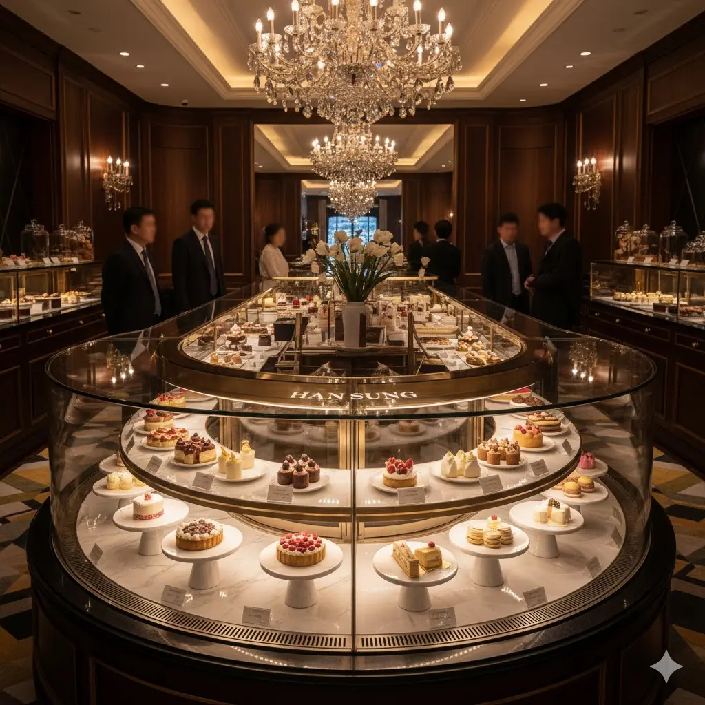 "명품 쥬얼리 샵 같은 분위기의 베이커리 매장에 설치된 한성 초투명 유리쇼케이스. 내부 조명이 화려하게 빛나는 하이엔드 디스플레이 전경."