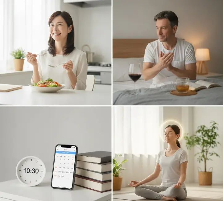 수면 무호흡증과 수면 장애를 해결하기 위한 일상 속 루틴들을 표현한 이미지