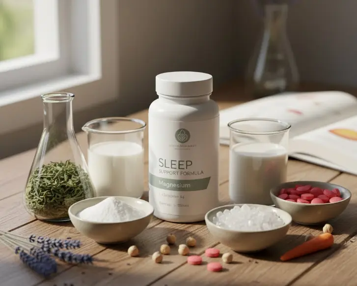 수면 무호흡증 해결을 위한 천연 성분 유래의 수면 영양제와 천연 성분이 식탁 위에 놓여있는 모습