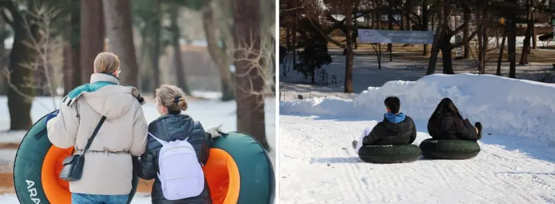Two images of people enjoying ice sledding in the Nami island.