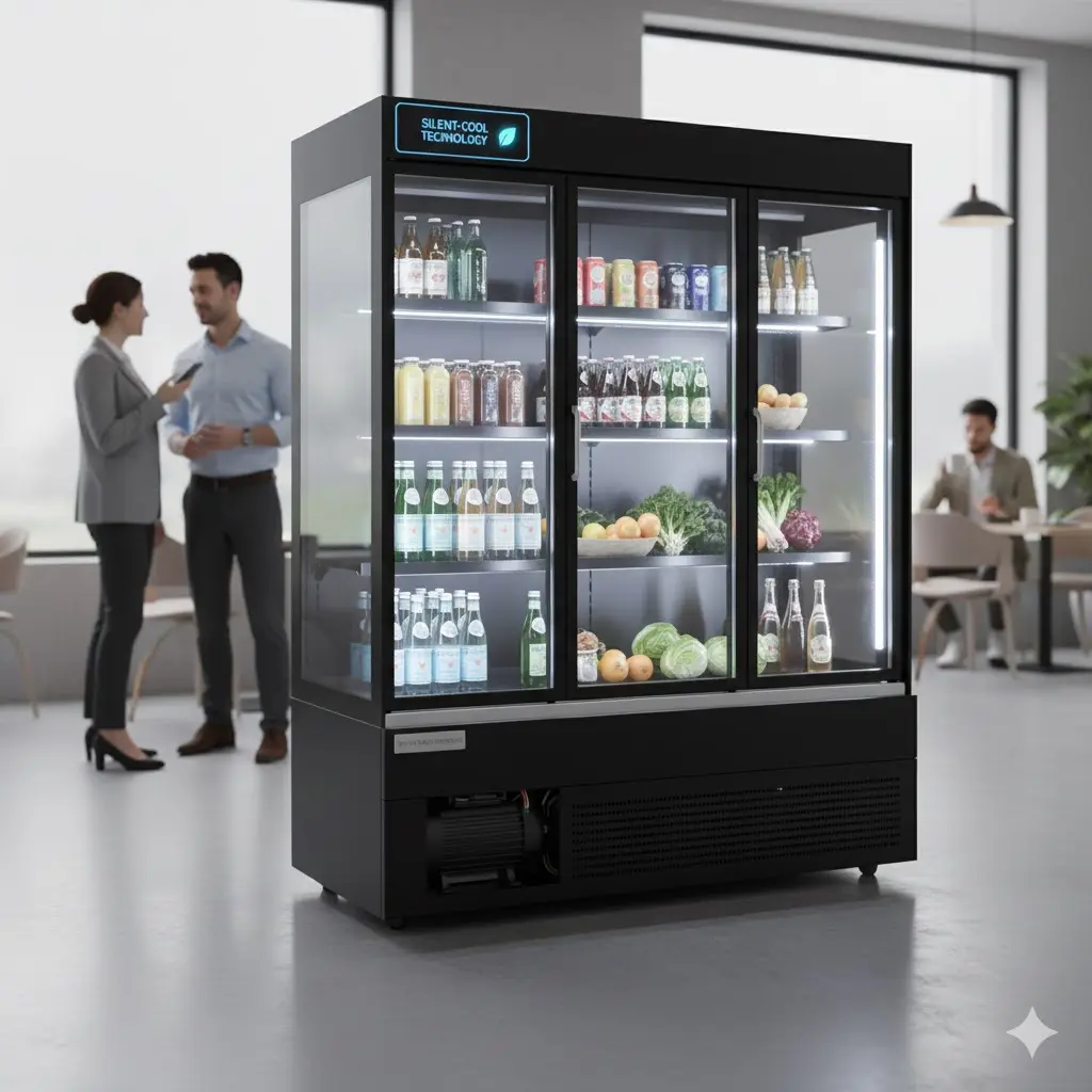 저소음 업소용 쇼케이스 냉장고가 카페 무드에 자연스럽게 어울리는 실사 이미지
