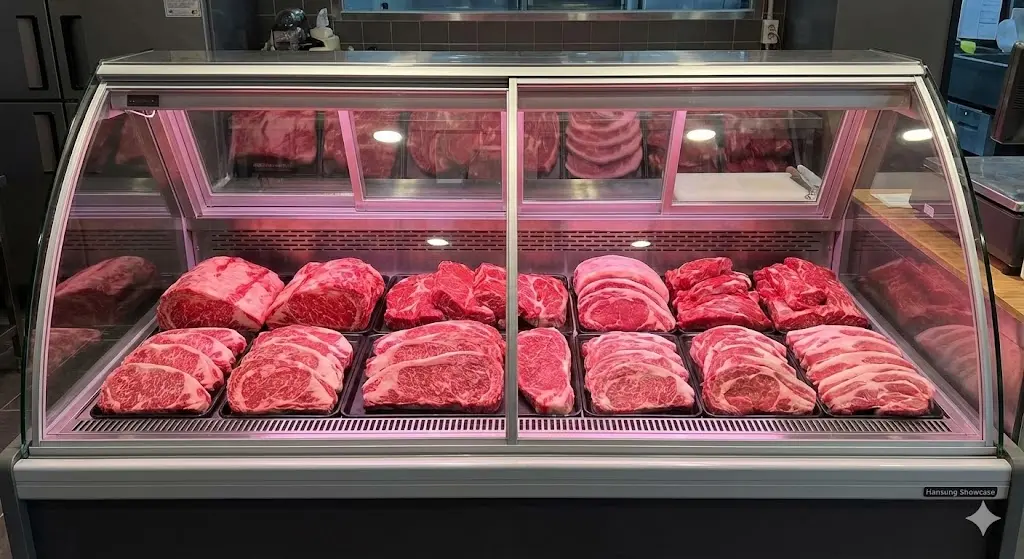 선명한 선홍빛 고기가 가득 진열된 프리미엄 정육쇼케이스 실물 모습