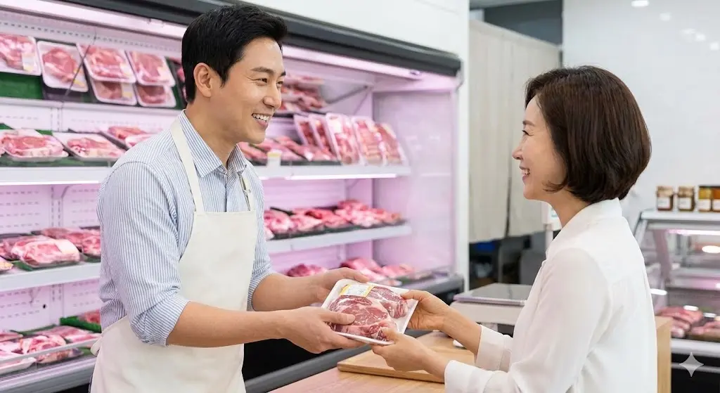 최상의 고기 품질에 만족하며 단골이 된 고객과 웃고 있는 정육점 사장님의 모습