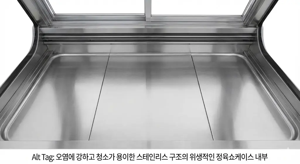 오염에 강하고 청소가 용이한 스테인리스 구조의 위생적인 정육쇼케이스 내부