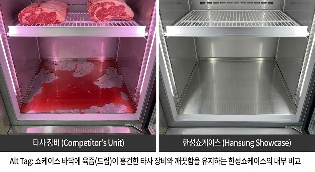 쇼케이스 바닥에 육즙(드립)이 흥건한 타사 장비와 깨끗함을 유지하는 한성쇼케이스의 내부 비교