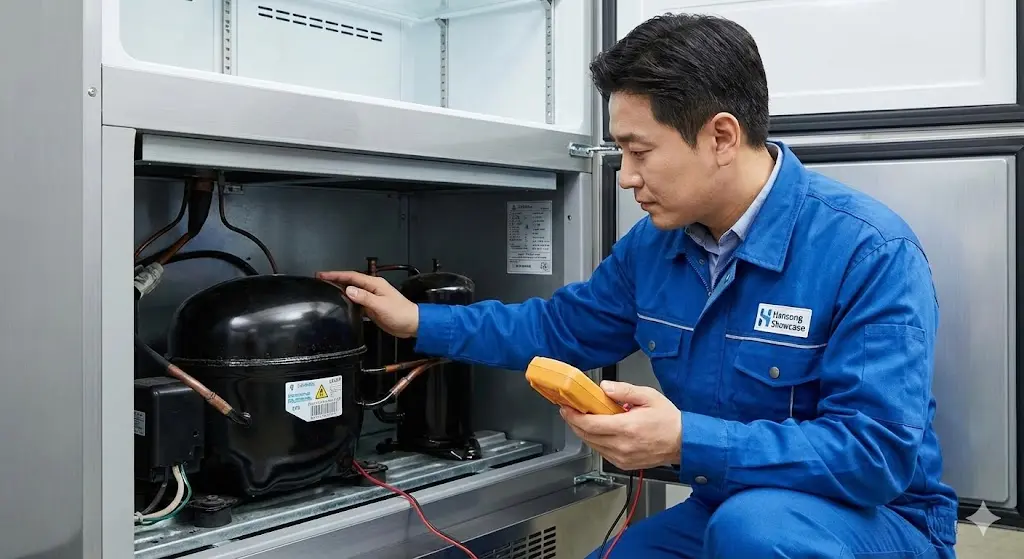 냉장고쇼케이스 내부의 핵심 부품인 콤프레셔를 꼼꼼하게 점검하고 있는 전문 엔지니어의 모습