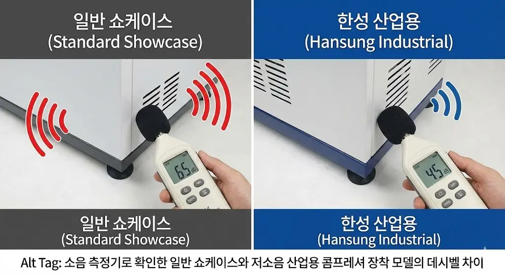 소음 측정기로 확인한 일반 쇼케이스와 저소음 산업용 콤프레셔 장착 모델의 데시벨 차이