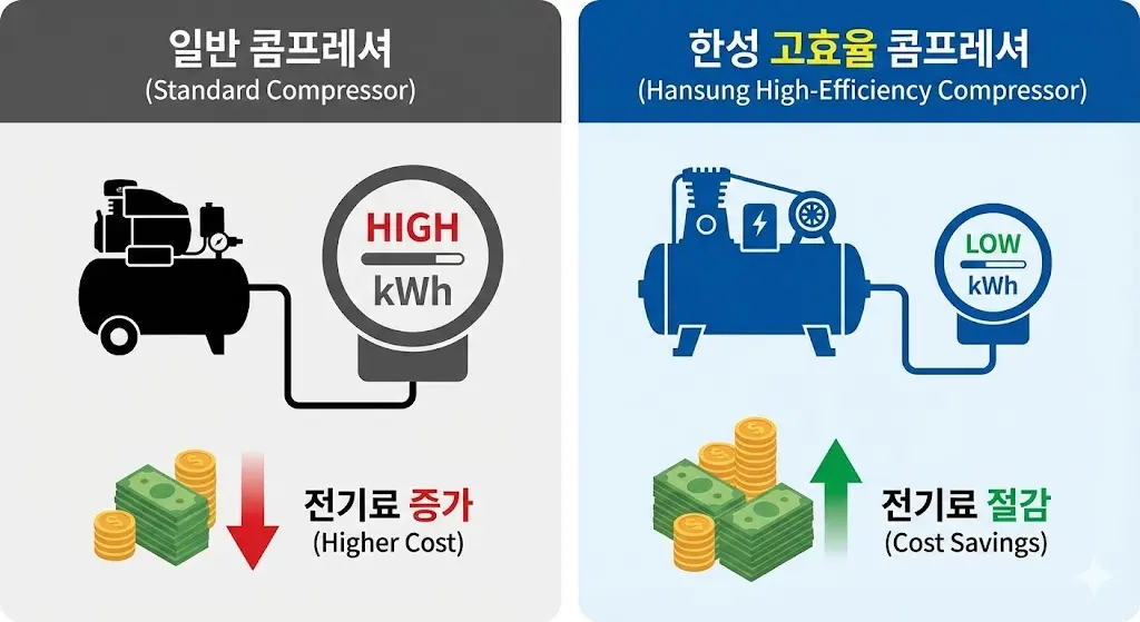 높은 효율로 전기 요금을 아껴주는 고효율 콤프레셔의 경제적 이점을 보여주는 인포그래픽