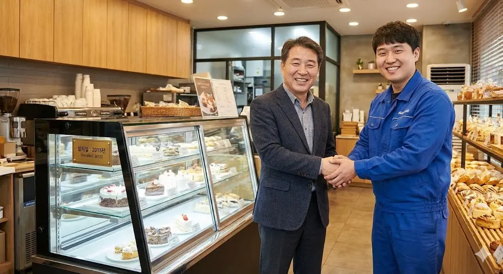 10년이 지나도 변함없이 작동하는 쇼케이스 옆에서 만족해하는 사장님과 엔지니어의 밝은 표정