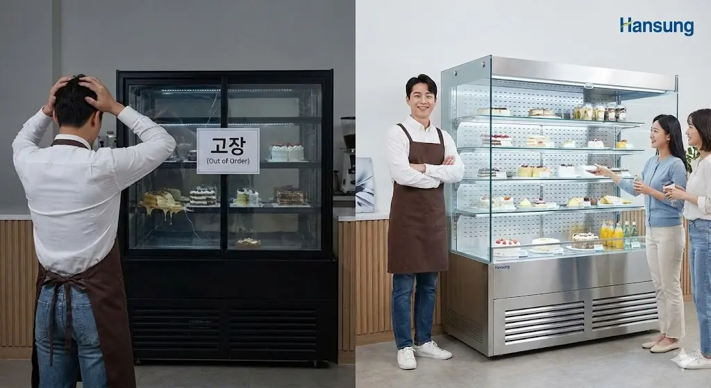 영업 중 갑작스러운 고장으로 당황한 사장님과 대조되는, 안정적으로 작동하며 신선한 제품을 보여주는 한성쇼케이스의 모습