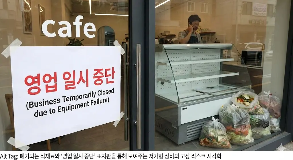 폐기되는 식재료와 '영업 일시 중단' 표지판을 통해 보여주는 저가형 장비의 고장 리스크 시각화