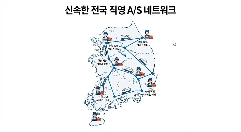 전국 주요 거점에 배치된 한성쇼케이스 직영 서비스 차량과 전문 엔지니어들의 신뢰감 있는 모습