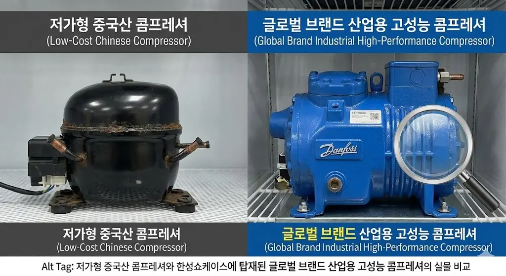 저가형 중국산 콤프레셔와 한성쇼케이스에 탑재된 글로벌 브랜드 산업용 고성능 콤프레셔의 실물 비교