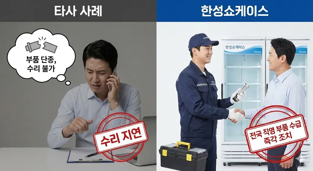 '부품 단종'으로 수리 불가능한 타사 사례와 '전국 직영 부품 수급'으로 즉각 조치하는 한성쇼케이스의 서비스 비교