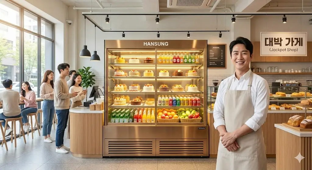 매장에 설치된 고급스러운 한성쇼케이스와 함께 번창하는 가게 전경, 그리고 여유로운 표정의 사장님