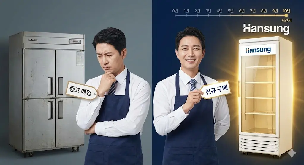 '중고 매입'과 '신규 구매' 사이에서 고민하는 사장님 뒤로, 시간이 흘러도 가치를 유지하는 한성쇼케이스가 빛나는 모습