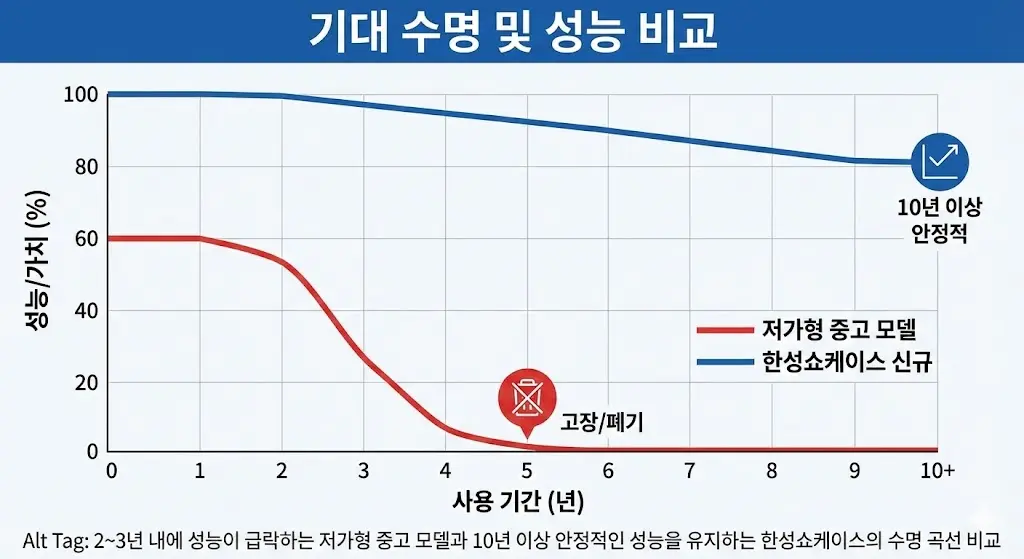 2~3년 내에 성능이 급락하는 저가형 중고 모델과 10년 이상 안정적인 성능을 유지하는 한성쇼케이스의 수명 곡선 비교