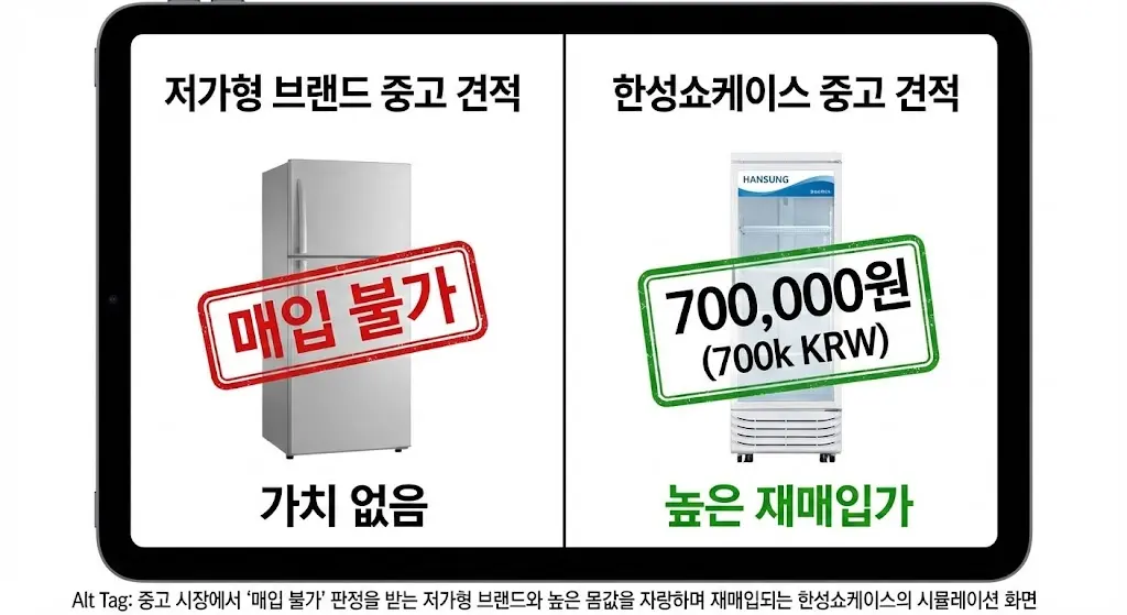 중고 시장에서 '매입 불가' 판정을 받는 저가형 브랜드와 높은 몸값을 자랑하며 재매입되는 한성쇼케이스의 시뮬레이션 화면