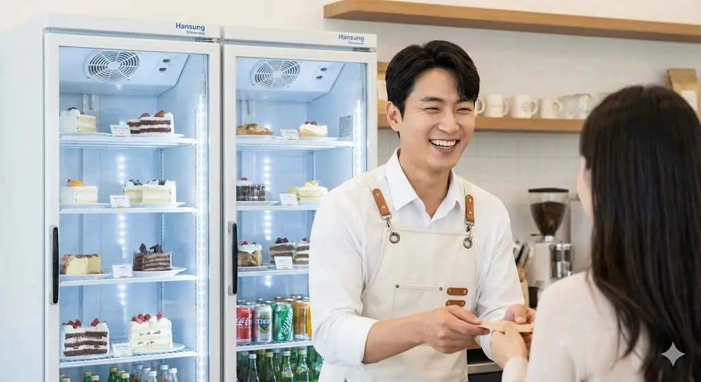 튼튼한 장비 덕분에 고장 걱정 없이 장사에만 전념하여 성공 가도를 달리는 사장님의 밝은 미소와 활기찬 매장 전경