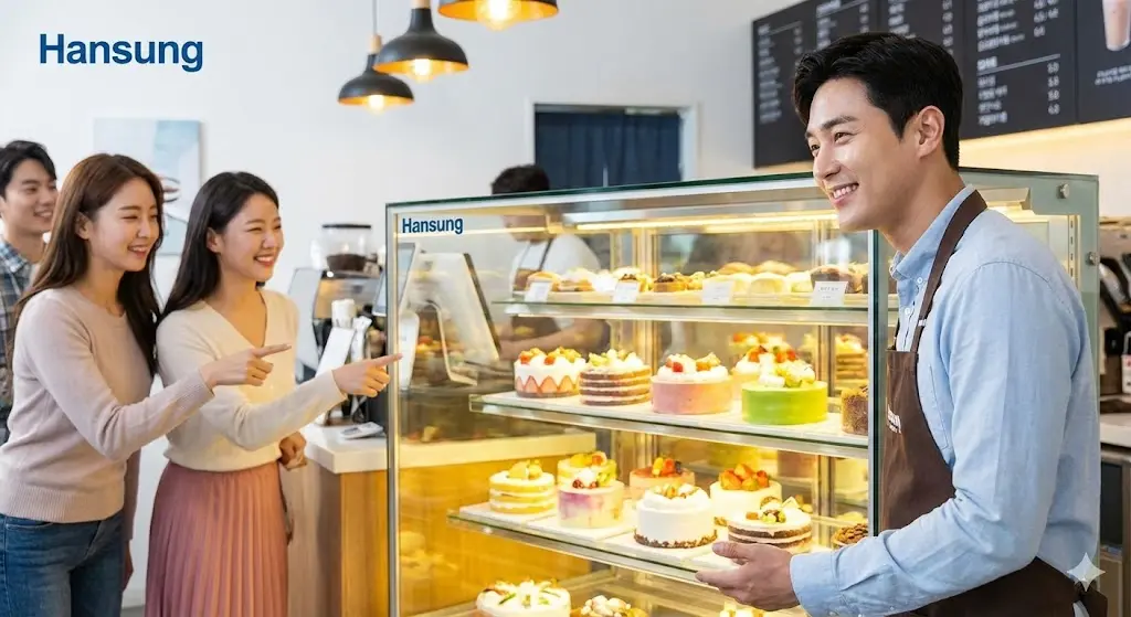 화려하고 선명한 조명 아래 상품이 돋보이는 쇼케이스와 이를 만족스럽게 바라보는 사장님의 모습